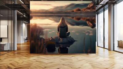 Woman sitting in front of a lake, adventure, Generative AI Wall mural