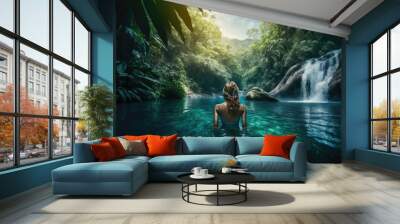 woman swimming in the river tropical jungle, generative ai Wall mural