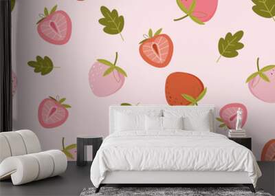 strawberries and half strawberries    with leaves  seamless pattern  on pastel pink background   Wall mural