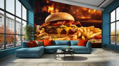 Delicious Cheeseburger with Bacon and Fries in a Rustic Setting with Warm Lighting and Fresh Ingredients Wall mural