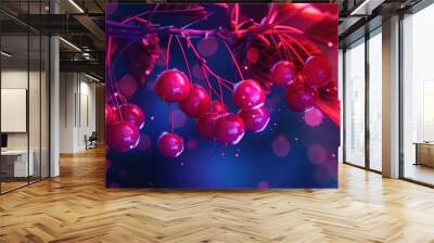 Vibrant Close-Up of Red Cherries on Branch with Colorful Bokeh Background in Neon Lighting Wall mural