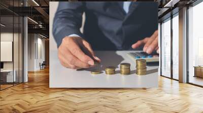 business financial saving concept. business man putting coin stack row growth up for money investment wealth success. Wall mural