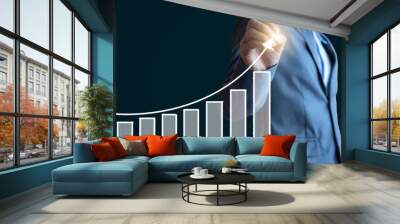 business man with growth finance statistic chart diagram graph for marketing and financial concept. Wall mural