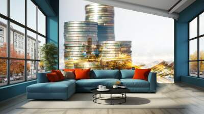 Double exposure of city background and rows of coins. business financial for investment and banking concept. Wall mural