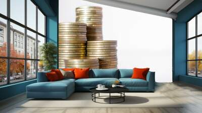 gold coin stack row growing pile on white background for money saving and investment business financial and banking concept. Wall mural