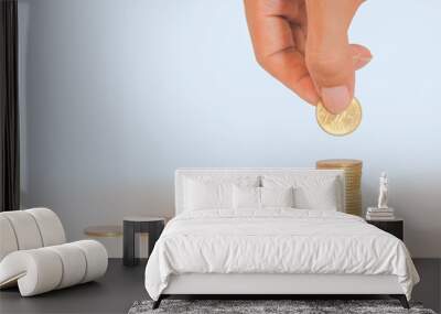 hands man put coin stack on white background money saving financial banking investment concept with human help mentor trust broker venture marketing rising. Wall mural