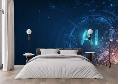 Abstract futuristic digital and technology on dark blue color background. AI(Artificial Intelligence) wording with the circuit design. Wall mural