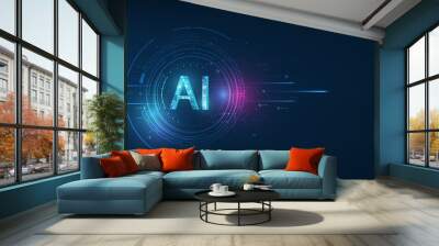 Abstract futuristic digital and technology on dark blue color background. AI(Artificial Intelligence) wording with the circuit design. Wall mural