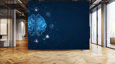 technology concept.vector abstract human brain shape of an artificial intelligence with line dots and shadow on dark blue color background Wall mural