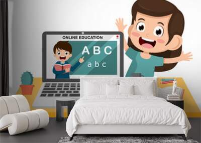 Cute little kid learning with computer laptop for Online education course of school. child happy smile using internet technology for e-learning. vector illustration. Wall mural