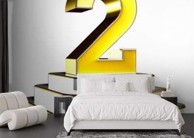 Numbers 2 gold 3D illustration are on a stainless steel platform with clipping path. Wall mural