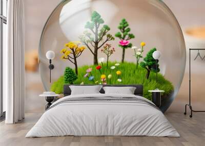 A glass globe filled with miniature trees, flowers and a tiny field of meticulously crafted grass Wall mural