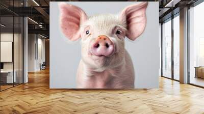 A close-up portrait captures the endearing curiosity of a pig as it looks directly at the camera, set against a pristine white background. The clean, minimalist composition provides ample copy space, Wall mural