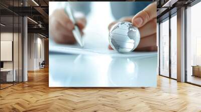 A close-up shot of a financial advisor's hands holding a pen and pointing at a tax document, while another hand is taking notes, with ample copyspace for text. Wall mural