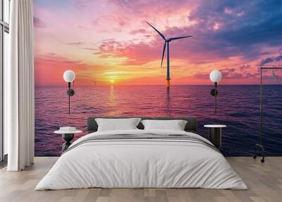 A coastal wind farm at sunset, with turbines spinning gracefully, blending harmoniously with the surrounding landscape, symbolizing clean energy and sustainable development Wall mural