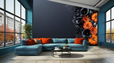 A haunting floral display featuring black calla lilies, orange roses, and white spider lilies, arranged with small pumpkins and cobwebs, with a shadowy background and copy space. Wall mural