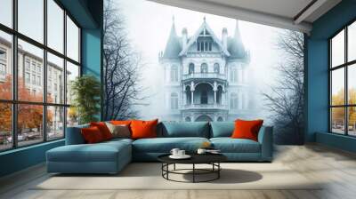 A misty evening scene with a dark, crumbling mansion at its center, surrounded by bare trees and eerie shadows, perfect for Halloween architecture. The vertical aspect provides ample copy space. Wall mural