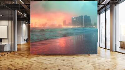 A serene beach scene combined with a bustling night city in a double exposure, illustrating the contrast between peace and excitement. Wall mural