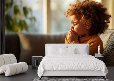 A young child in a cozy, yellow sweater sits pensively on a couch, expressing deep emotions in soft sunlight, embodying innocence and vulnerability in a tranquil home setting. Wall mural