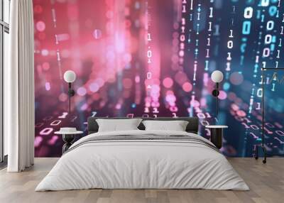 Abstract technology background with a matrix of digital data streams and binary code flowing across the screen, offering ample copy space on a gradient backdrop. Wall mural