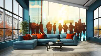 Against the backdrop of a minimalist color background, the blurred outlines of business robots convene for a meeting in a modern office building. This stock photo captures the futuristic atmosphere Wall mural