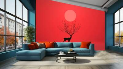 Black reindeer silhouette against a red snowy landscape, 3D illustration Wall mural