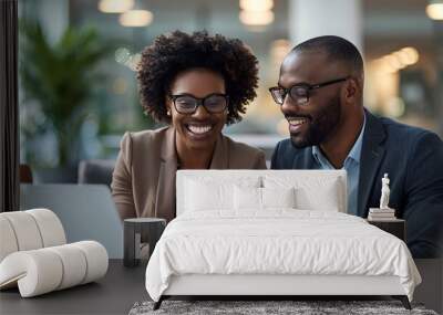 Financial planner presenting retirement options to a middle-aged couple in a well-lit office, couple taking notes, professional and friendly interaction, advisor using a tablet Wall mural