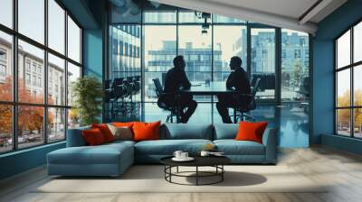 Meeting of the company's directorate and negotiations on development issues. Big business. Silhouette of businessmen in a meeting room against the backdrop of large windows Wall mural