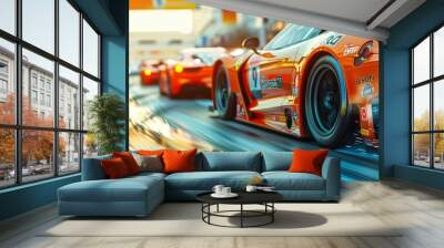 Motor sports competitive team racing, fast moving generic race car racing down the track with motion blur, 3d rendering, vibrant colors and sharp details, showcasing the excitement of the race, Wall mural