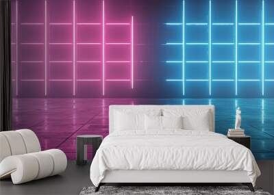 Neon grid horizon in a retro futuristic setting. Wall mural