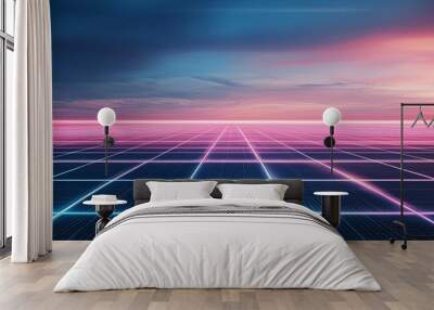 Neon grid horizon in a retro futuristic setting. Wall mural