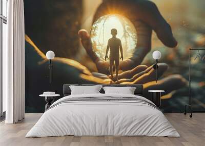 Person holding an inner child, childhood trauma and IFS therapy concept Wall mural