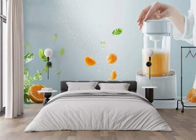 Smart appliance making fresh juice from fruits with an automated extraction process, smart kitchen, food tech in everyday life Wall mural