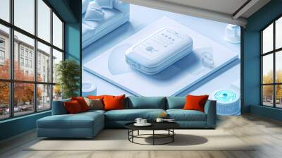 Within the sleek interior of an AI-augmented reality smart home, a person holds a remote control, managing modern smart home components with ease. The futuristic setting and minimalist color scheme Wall mural