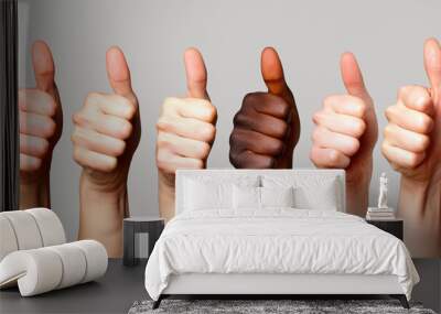 Diverse hands showing thumbs up in unison against light background Wall mural