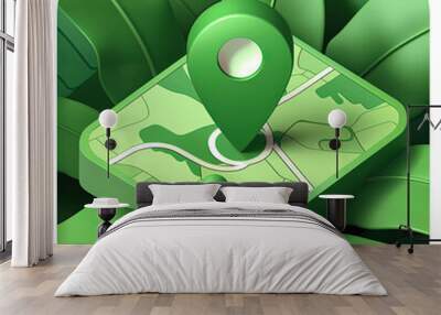 Green travel app icon with leafy map and eco-friendly location marker design Wall mural