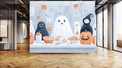 Happy Halloween Ghosts Party: A charming and whimsical illustration of adorable ghosts celebrating Halloween with pumpkins, a feast of treats, and festive decorations.   Wall mural