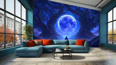 Mystical Moonlight: A solitary figure, draped in shadow, sits in quiet contemplation before a colossal blue moon that illuminates the mystical forest. Wall mural