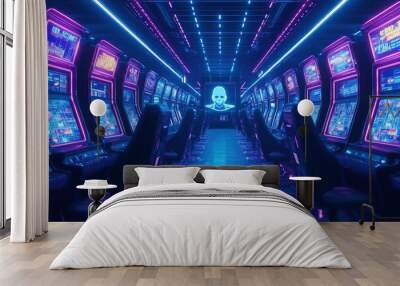 Neon  Gaming Bus: A futuristic, neon-lit bus interior with rows of gaming consoles and a skull logo, creating a vibrant and immersive gaming experience.   Wall mural