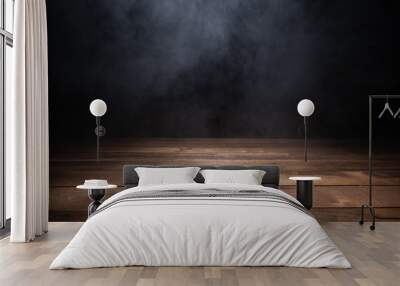 empty wooden table with smoke float up on dark background Wall mural