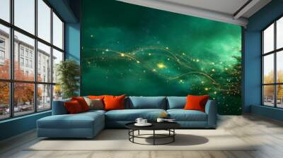 A luxurious Christmas scene with a golden glittery green Christmas tree, and softly glowing bokeh lights. Wall mural