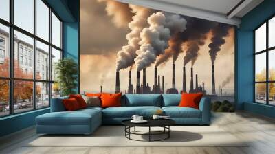 An expansive industrial landscape with many smokestacks producing dense black smoke under a dark, cloudy sky.” Wall mural