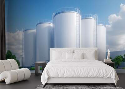 Modern industrial storage tanks in a bright sky a detailed look at contemporary bulk storage solutions Wall mural