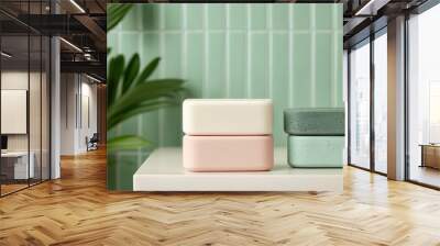 Modern storage containers in soft colors, set against a subtle green backdrop, exude minimalist style and organization. Wall mural