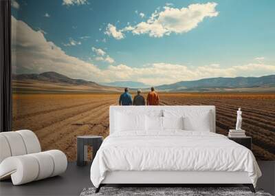 Three individuals stand in a vast field, gazing at the horizon under a blue sky with scattered clouds, embodying a sense of exploration and connection to nature. Wall mural