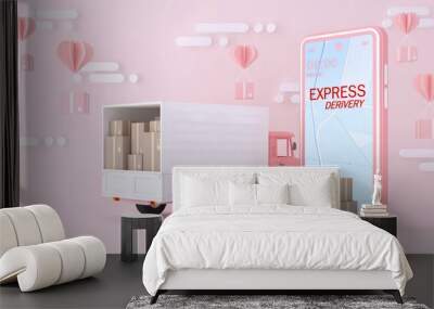 3D Online express delivery service concept, fast response delivery by scooter, courier Pickup, Delivery, Online Shipping Services. 3d Rendering.	 Wall mural