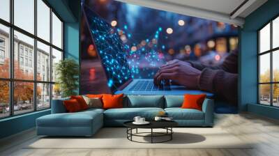 Digital tech and internet networks drive futuristic innovation. With laptops and mobile phones, individuals access vast resources, enabling seamless communication and info access. Wall mural