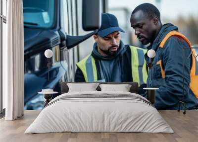 Freight transportation manager and black truck driver going through checklist on parking lot. Wall mural