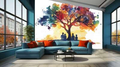 Familie Silhouette Geschichte Natur Sitzen Unter Baum Bunt Vektor Wall mural