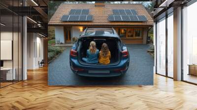 young family sitting in trunk of electric car with house behind them with solar panels on roof concept of solar energy and sustainable lifestyle for green energy and sustainable future Wall mural